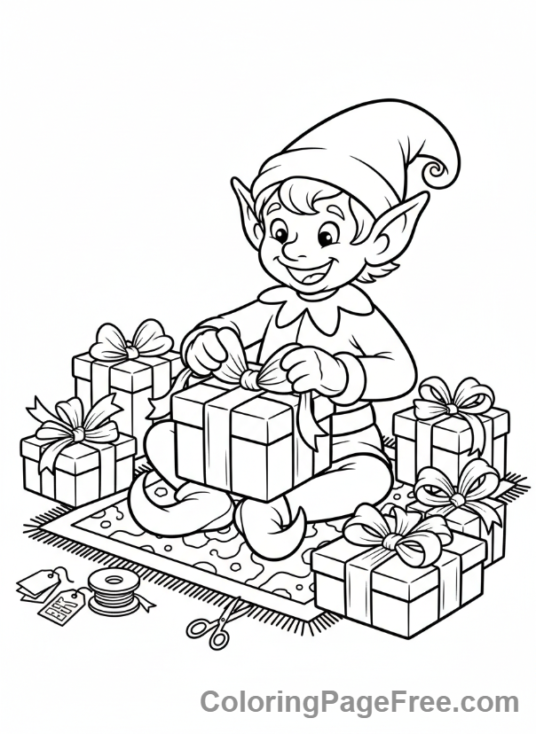Christmas coloring page - Elf wrapping gifts