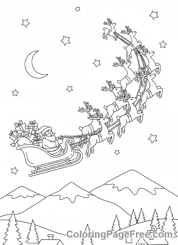 Christmas coloring page - Santa sleigh flying