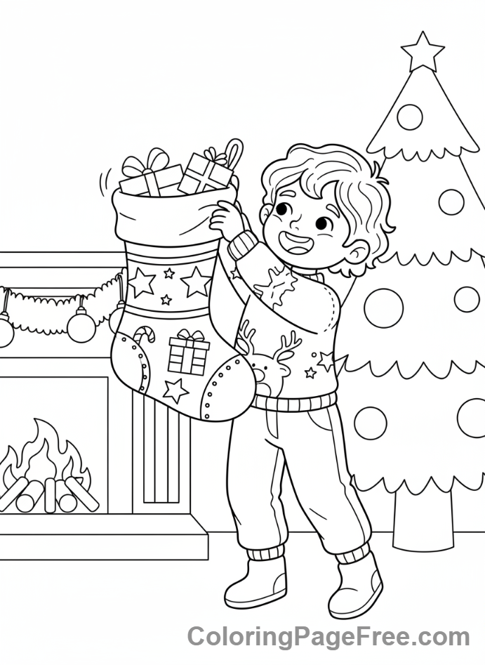 Christmas Stocking coloring page - Child holding stocking