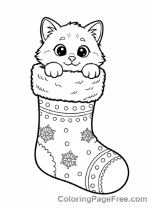 Christmas Stocking coloring page - Kitten peeking stocking