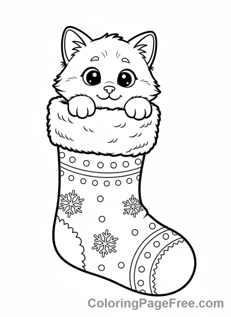 Christmas Stocking coloring page - Kitten peeking stocking