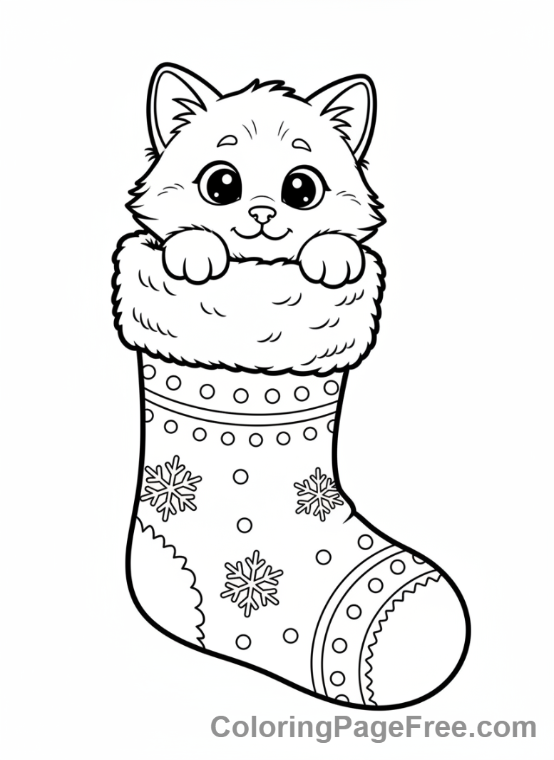Christmas Stocking coloring page - Kitten peeking stocking