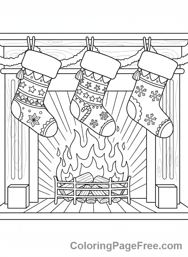 Christmas coloring page - Stockings fireplace
