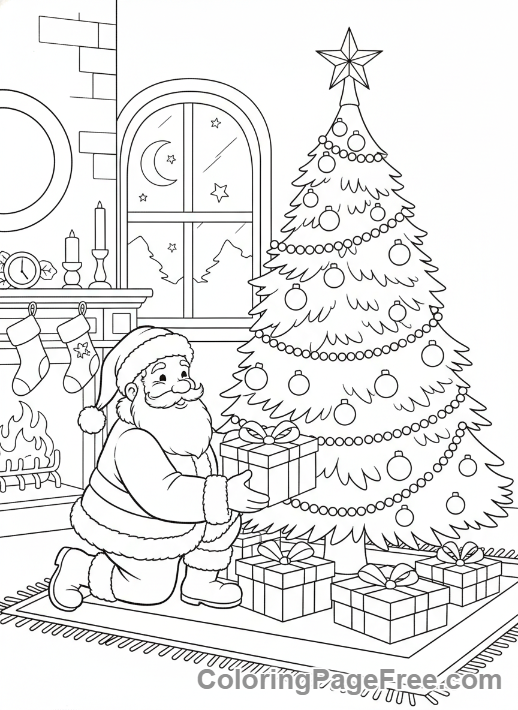 Christmas Tree coloring page - Santa by Tree