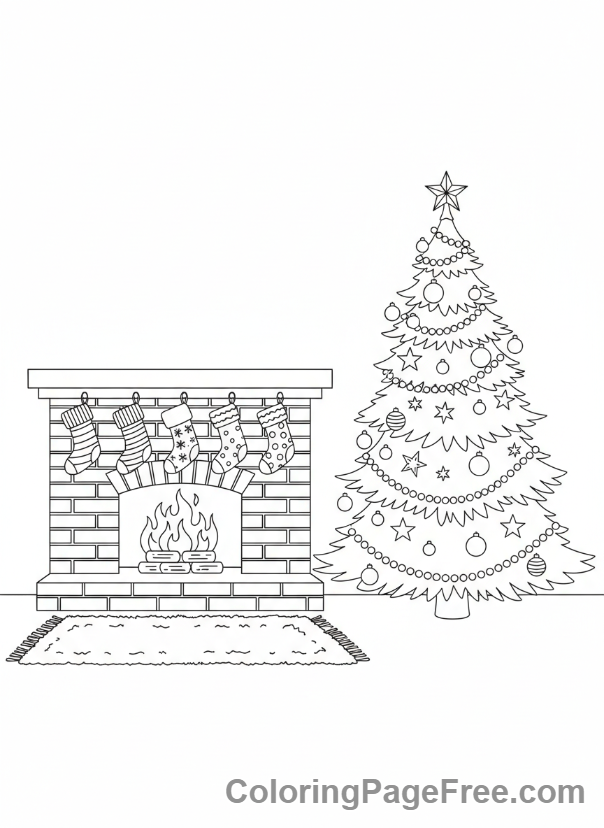 Christmas Tree coloring page - Tree by Fireplace