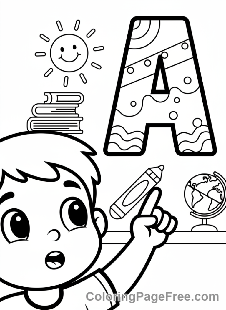 Classroom coloring page - Child learning letter A
