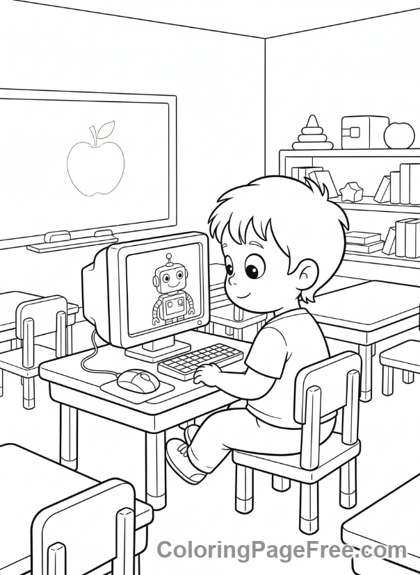 Classroom coloring page - Child using computer