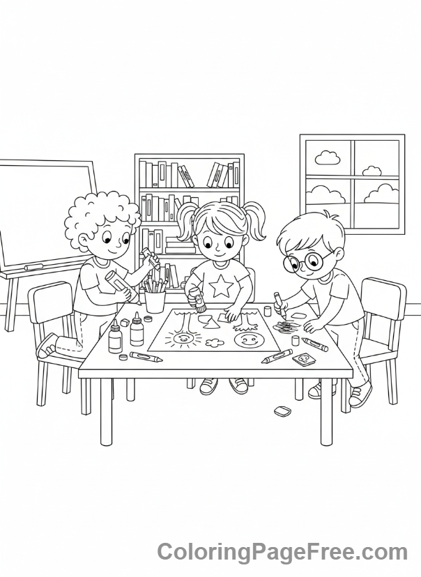 Classroom coloring page - Group working project