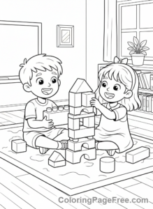 Classroom coloring page - Kids building blocks