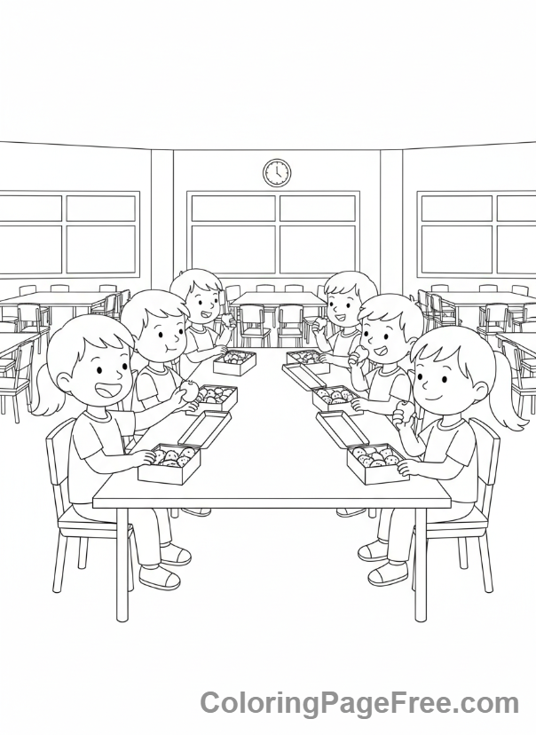 Classroom coloring page - Kids eating lunch