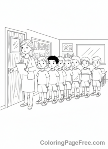 Classroom coloring page - Kids lining door
