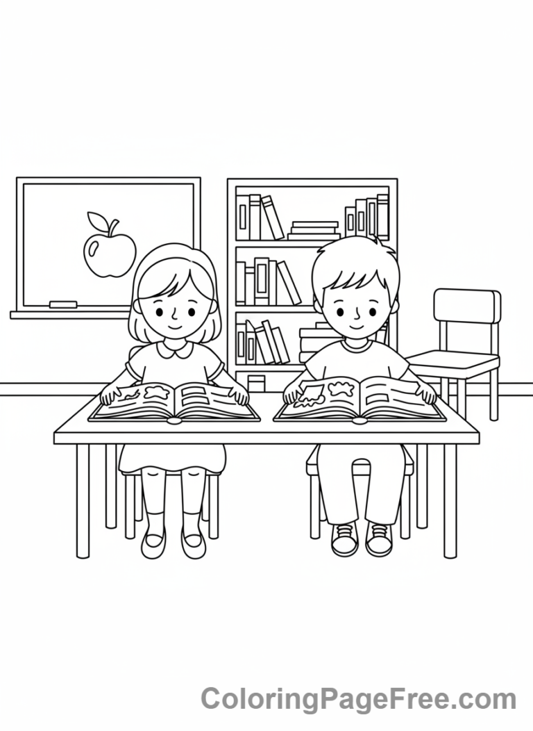 Classroom coloring page - Kids reading books