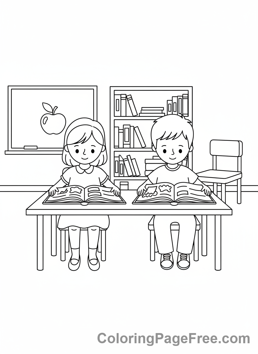 Classroom coloring page - Kids reading books