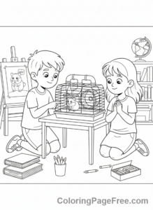 Classroom coloring page - Kids with hamster