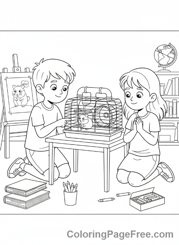 Classroom coloring page - Kids with hamster
