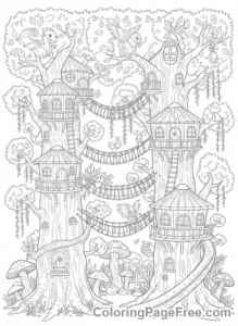 Complex coloring page - Treehouse village intricate