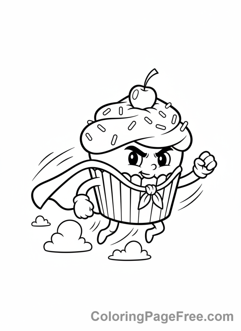 Cupcake coloring page - Flying superhero cupcake