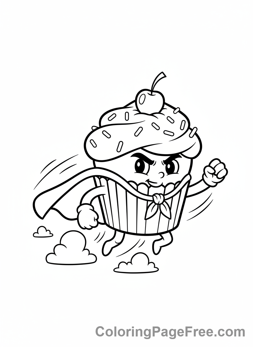 Cupcake coloring page - Flying superhero cupcake