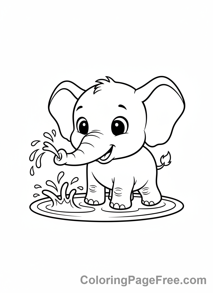 Cute baby elephant splashing in water coloring page