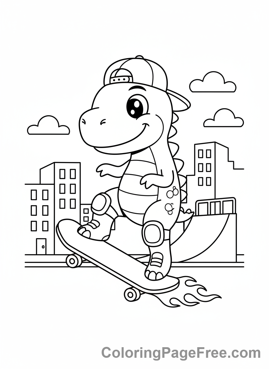Cute Dinosaurs coloring page - Dino riding skateboard