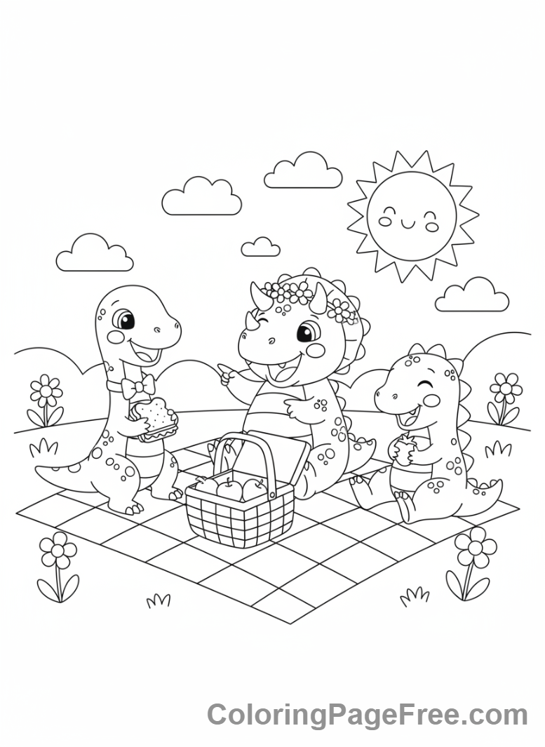 Cute Dinosaurs coloring page - Dinos picnic happy