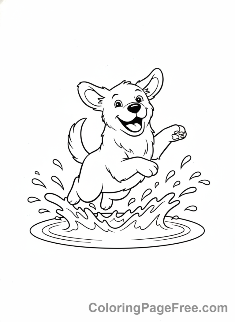 Cute Dogs coloring page - Dog splashes puddle
