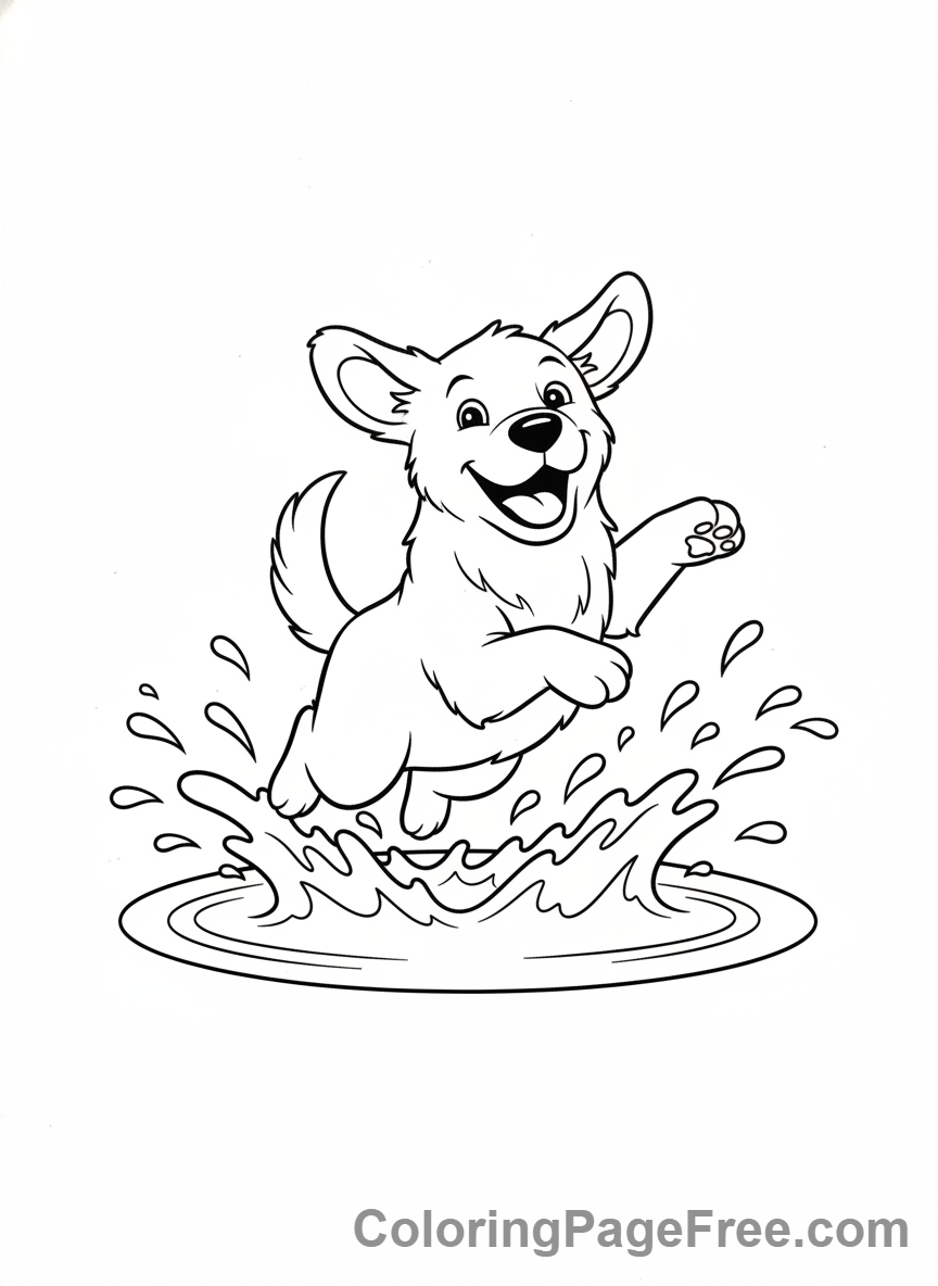 Cute Dogs coloring page - Dog splashes puddle