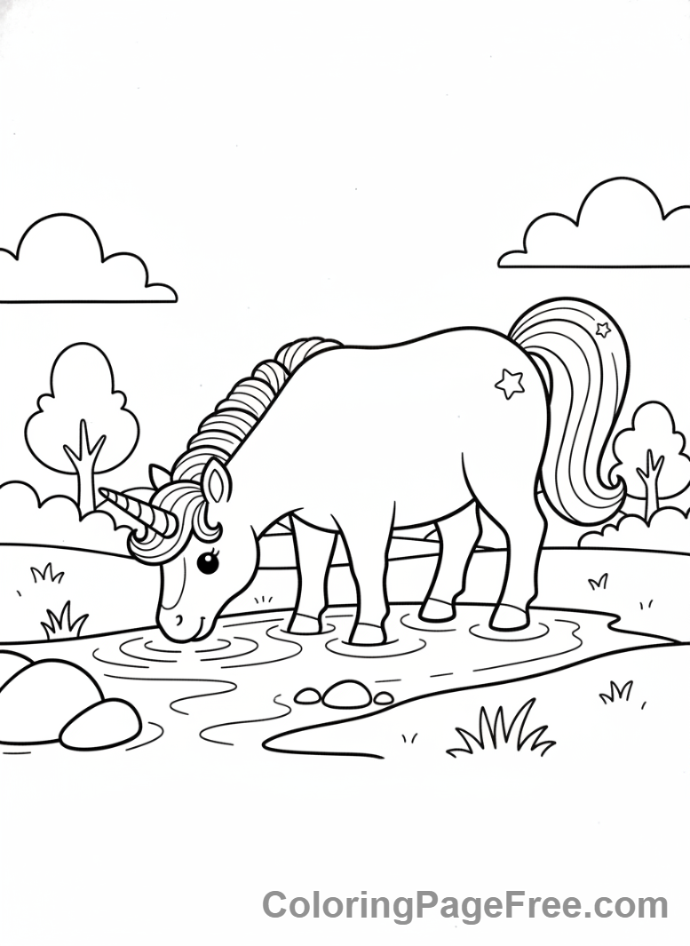 Cute Unicorns coloring page - Unicorn drinking stream