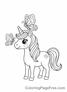 Cute Unicorns coloring page - Unicorn playing butterflies