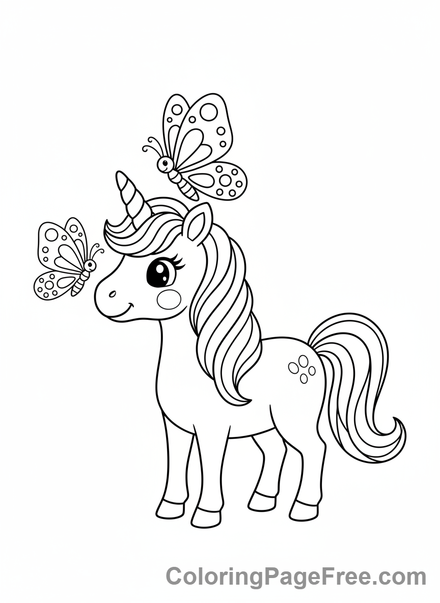 Cute Unicorns coloring page - Unicorn playing butterflies