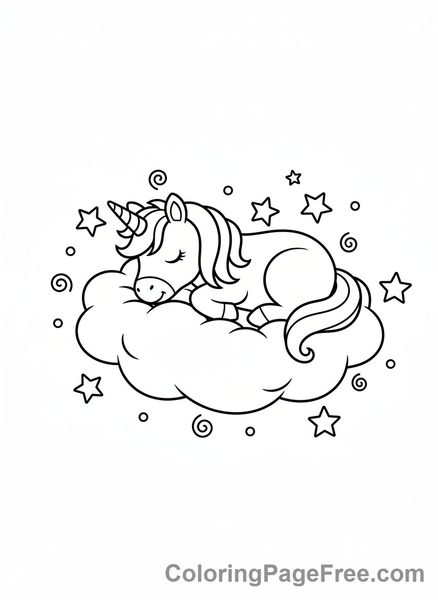 Cute Unicorns coloring page - Unicorn sleeping cloud