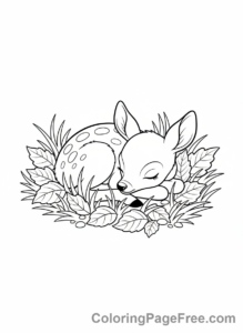 Deer coloring page - Fawn sleeping leaves