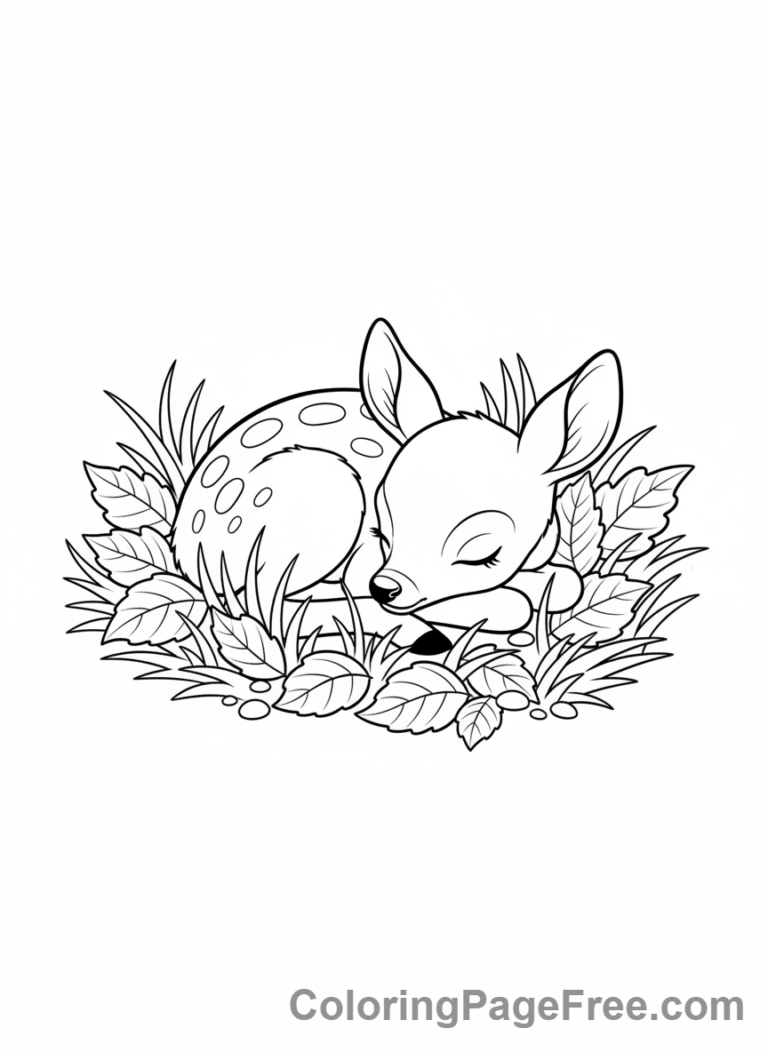 Deer coloring page - Fawn sleeping leaves