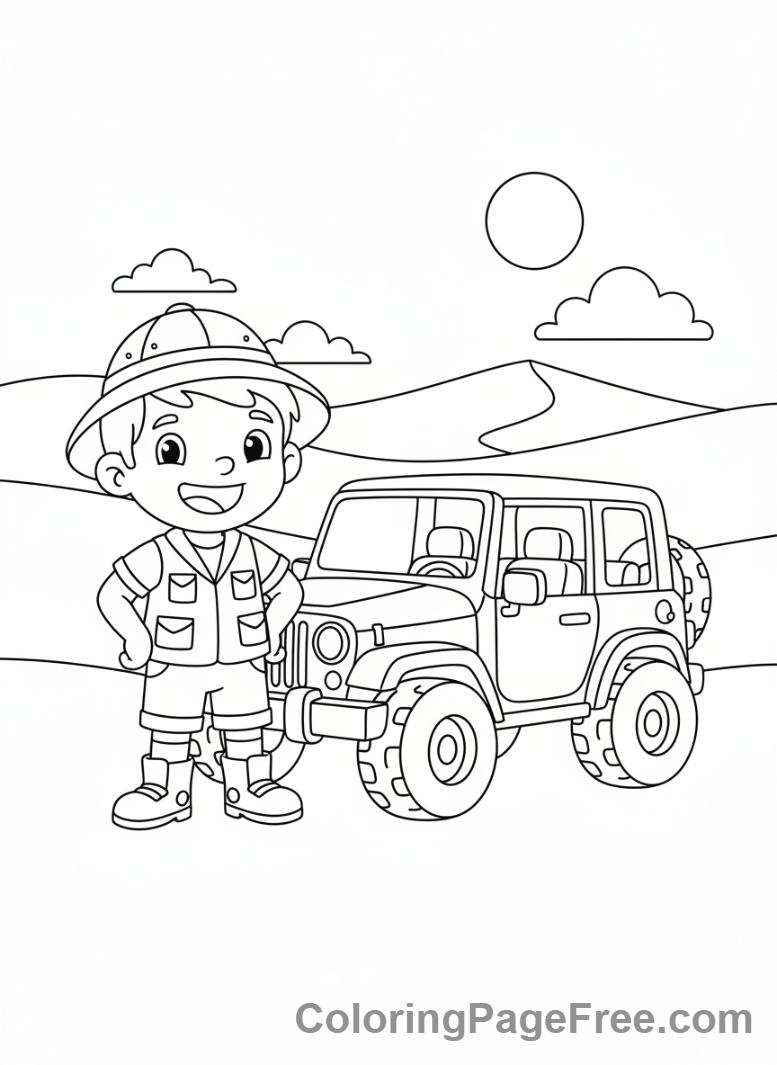 Desert coloring page - Explorer jeep adventure