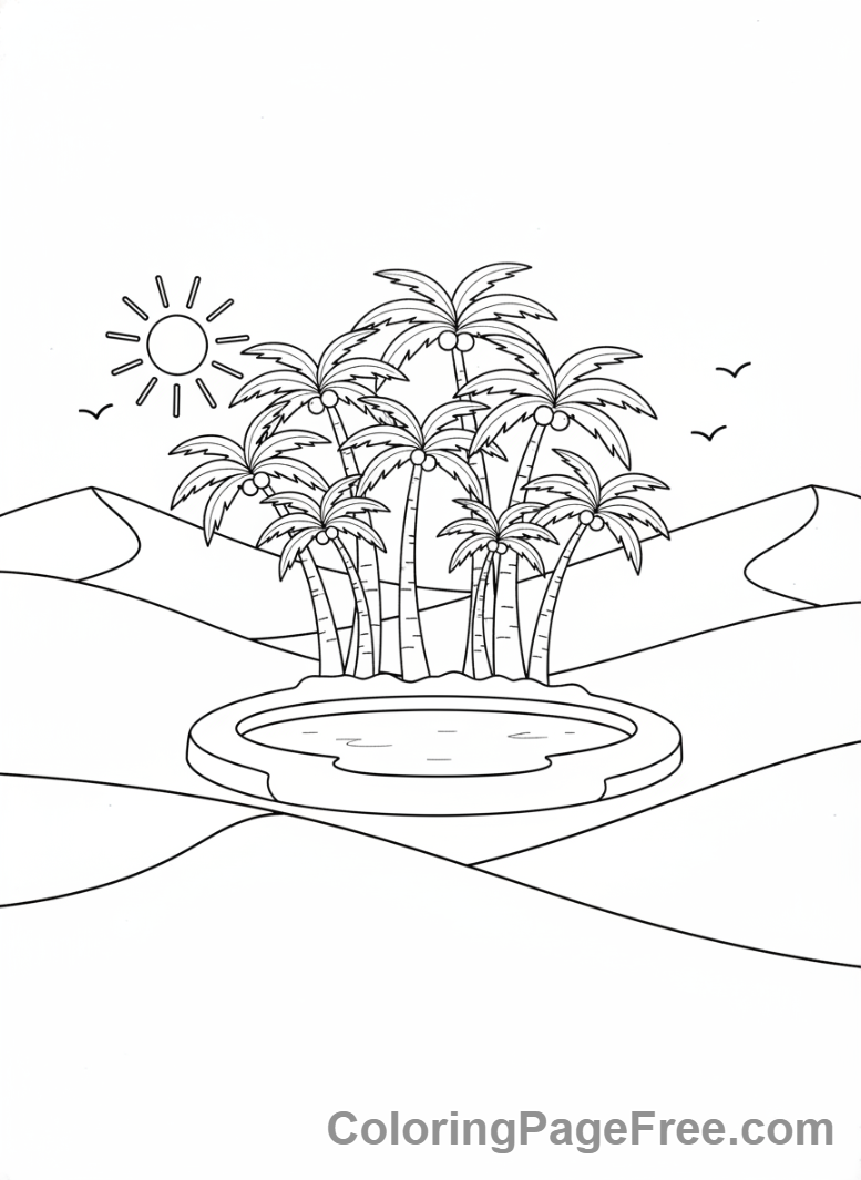 Desert coloring page - Oasis palm trees