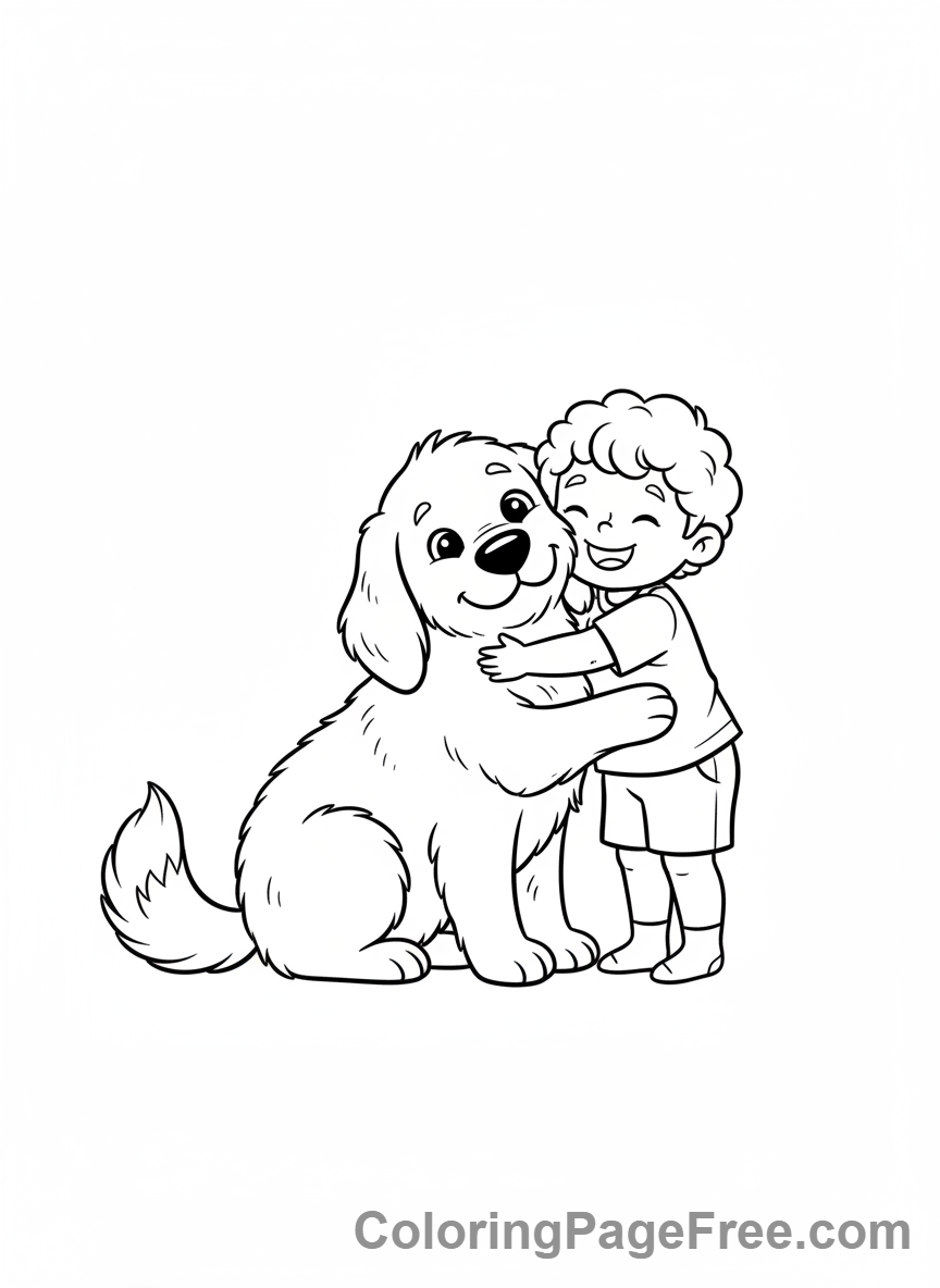 Dog coloring page - Dog cuddling child