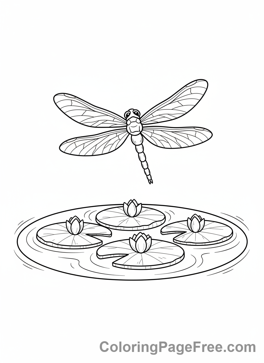 Dragonfly coloring page - Dragonfly over pond
