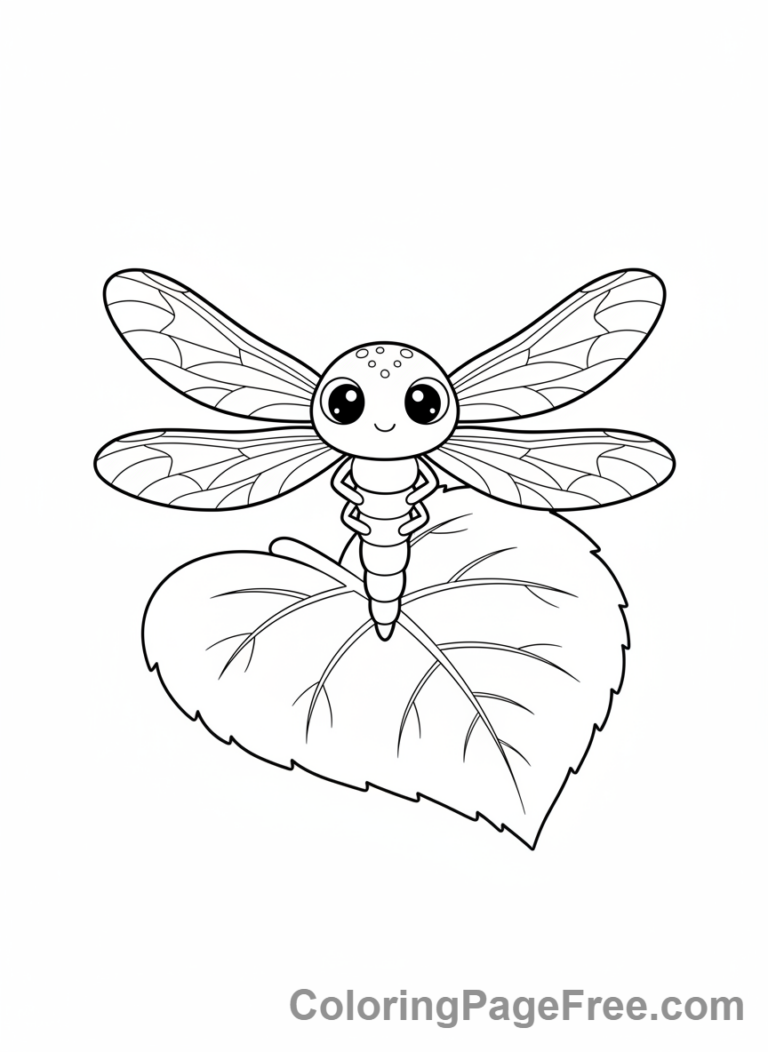 Dragonfly coloring page - Dragonfly resting leaf