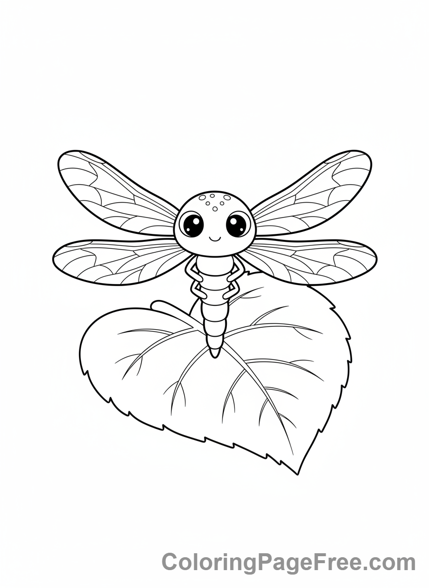 Dragonfly coloring page - Dragonfly resting leaf