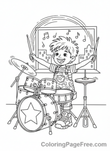 Drums coloring page - Kid Drummer Action
