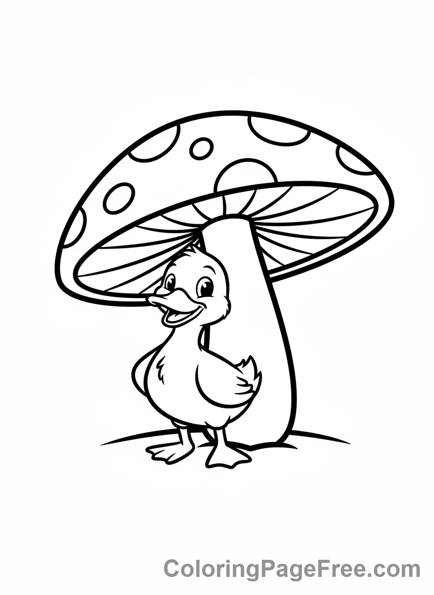 Duck coloring page - Duck under mushroom
