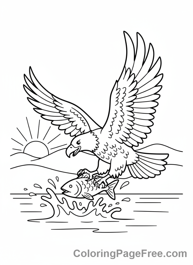 Action shot of an eagle catching a fish coloring page