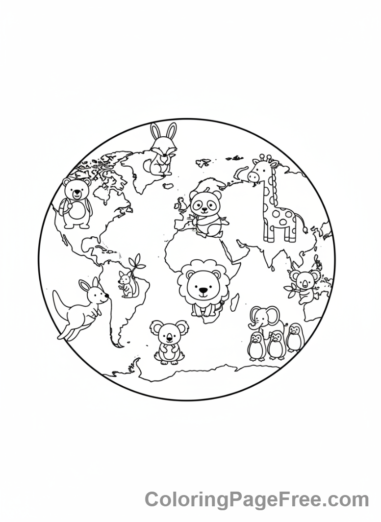 Earth coloring page - Animals on Continents