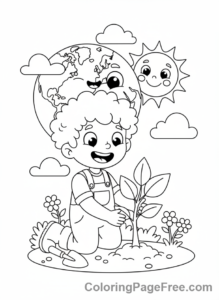 Earth coloring page - Child Planting Tree
