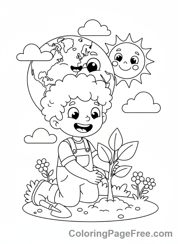 Earth coloring page - Child Planting Tree