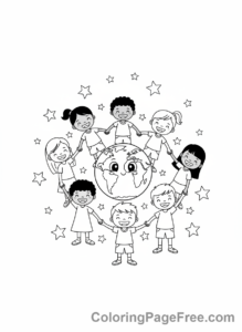 Earth coloring page - Kids around Earth