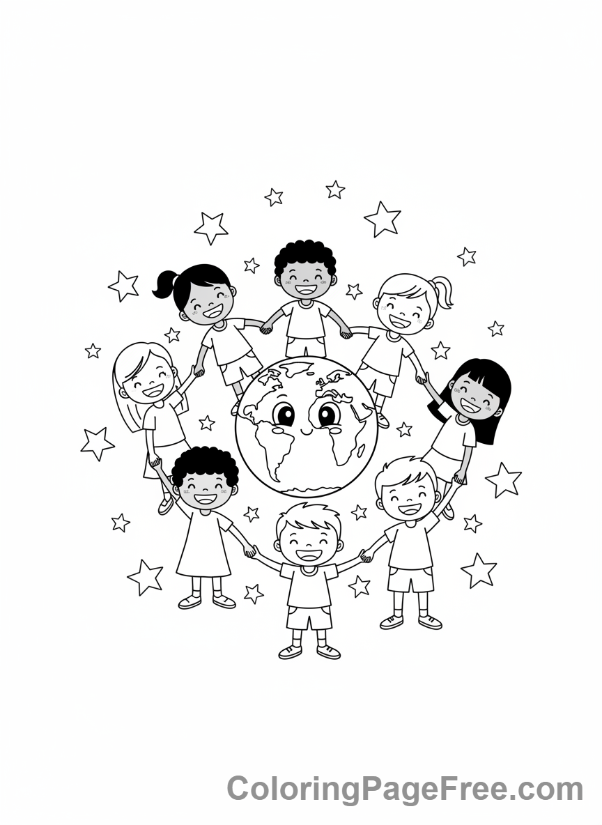 Earth coloring page - Kids around Earth