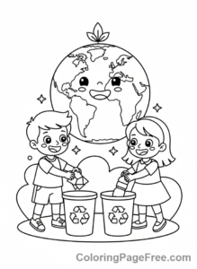 Earth coloring page - Kids Recycling Trash