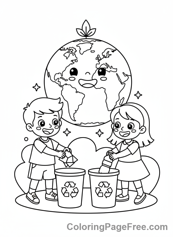 Earth coloring page - Kids Recycling Trash