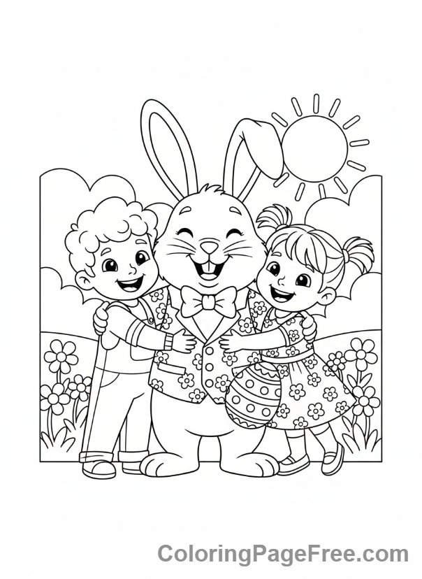 Easter coloring page - Children hugging bunny